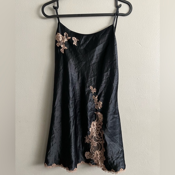 Vintage Victoria’s Secret Black & Bronze Satin Slip Lace Trim Dress Nightgown S